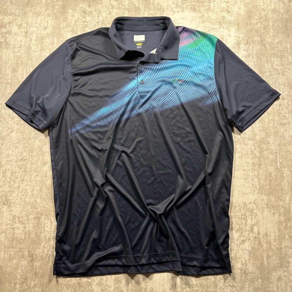 Greg Norman Polo Shirt Mens XXL Navy Blue Play Dry Graphic Print Short Sleeve